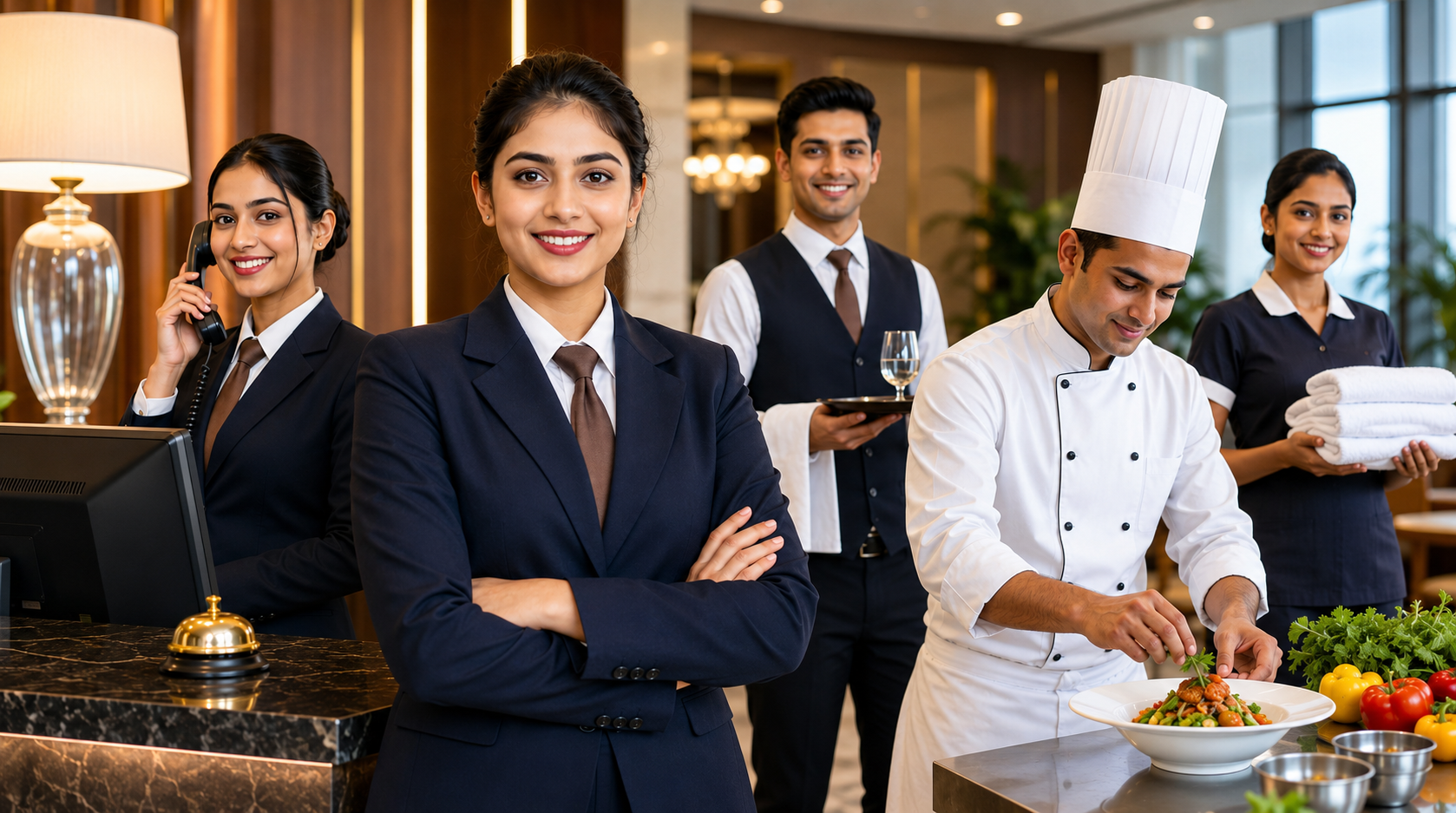 Hotel management students and hospitality professionals in a luxury hotel showcasing front office, chef, housekeeping, and food & beverage services.