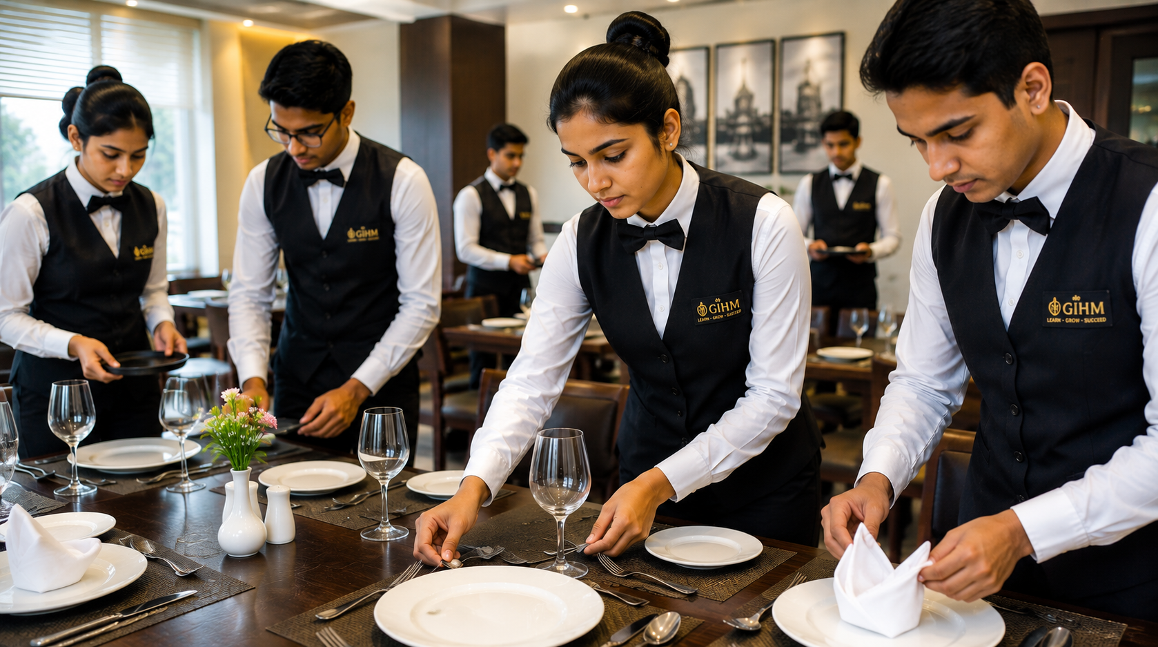 Hotel management students receiving practical restaurant service training in a hospitality institute.