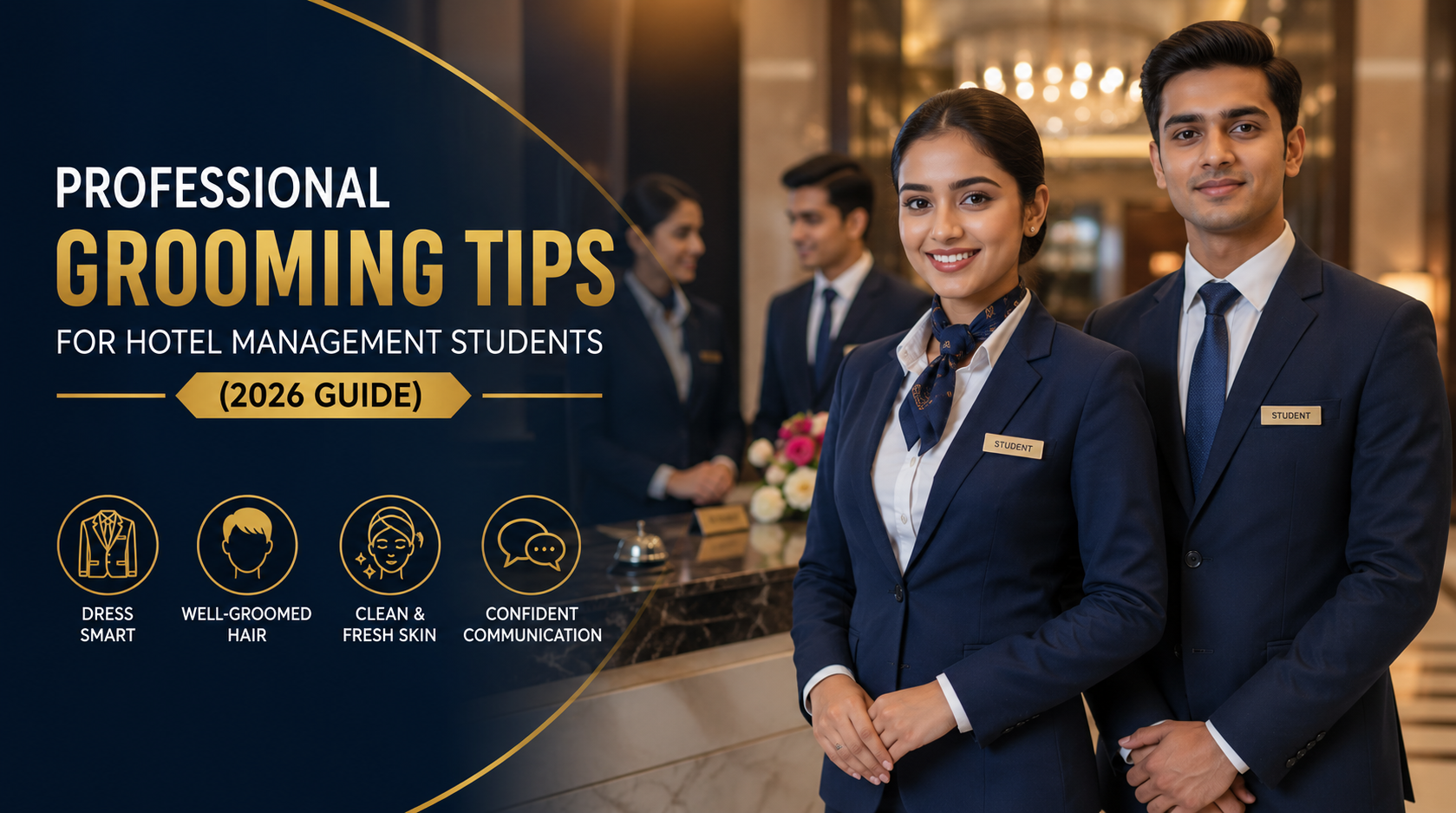 Professional hotel management students demonstrating proper grooming standards in a luxury hotel lobby for the 2026 grooming guide.