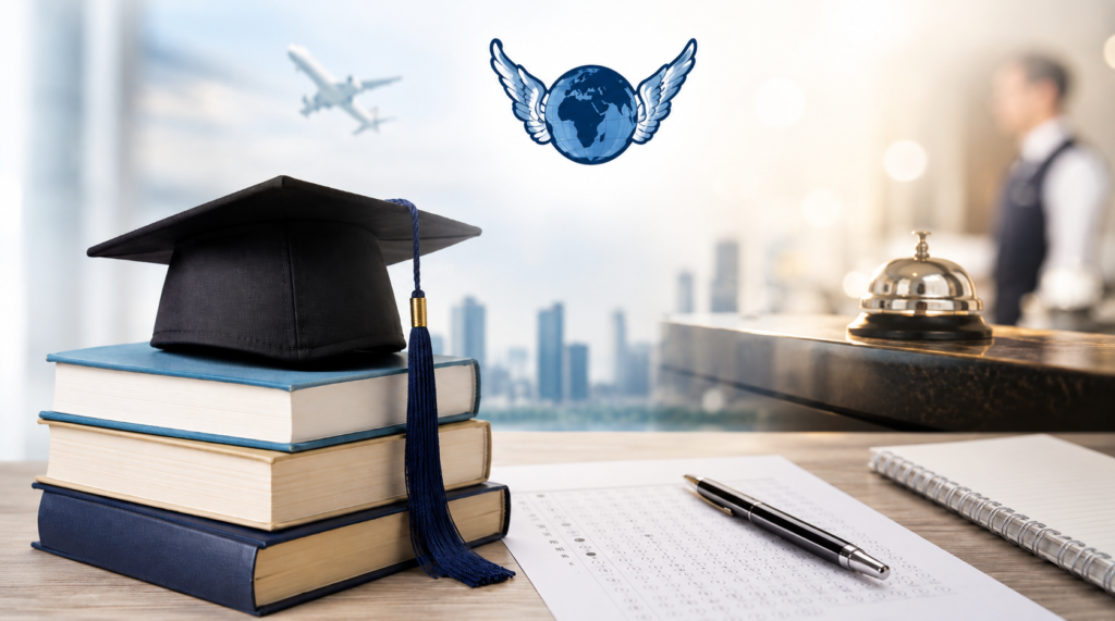 Hotel Management Entrance Exam Preparation 2026 with graduation cap, books, exam sheet, and hospitality career background