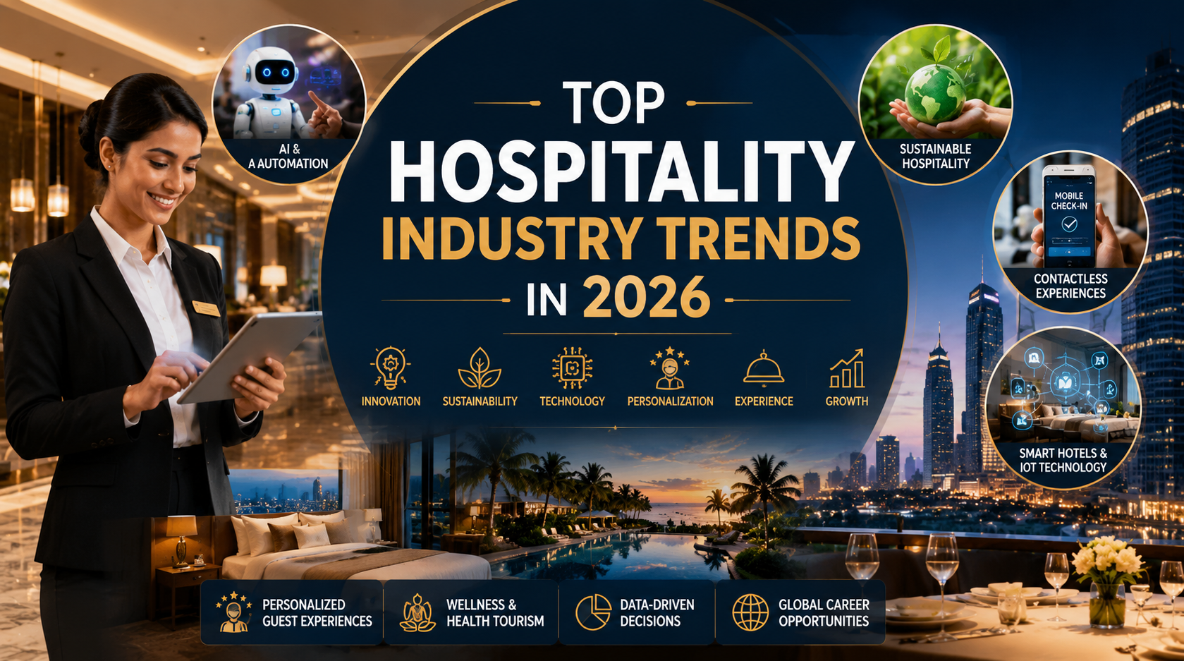 Top Hospitality Industry Trends in 2026 featuring modern hotel management, AI technology, sustainable hospitality, and smart hotel innovations.
