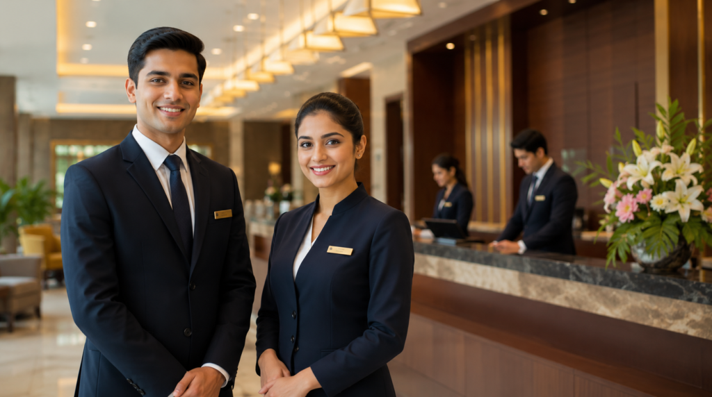 Hotel management students standing in a luxury hotel lobby during practical hospitality training in Delhi
