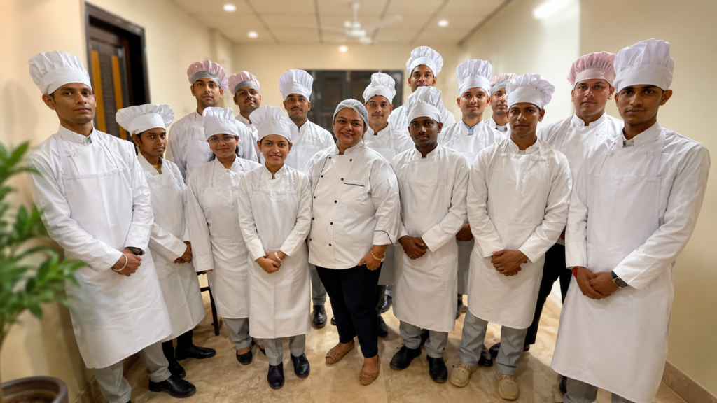 Hotel management students participating in professional culinary training at The Global Institute of Hotel Management (The GIHM) in Delhi.