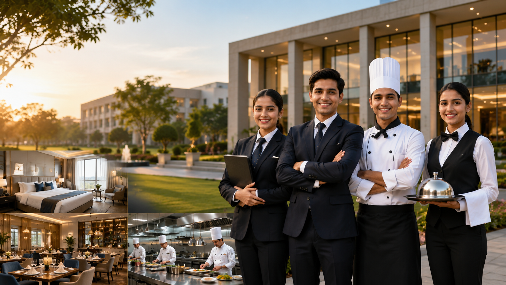 Students in professional hospitality uniforms standing outside a modern hotel management institute campus with hotel room, restaurant, and kitchen training facilities.