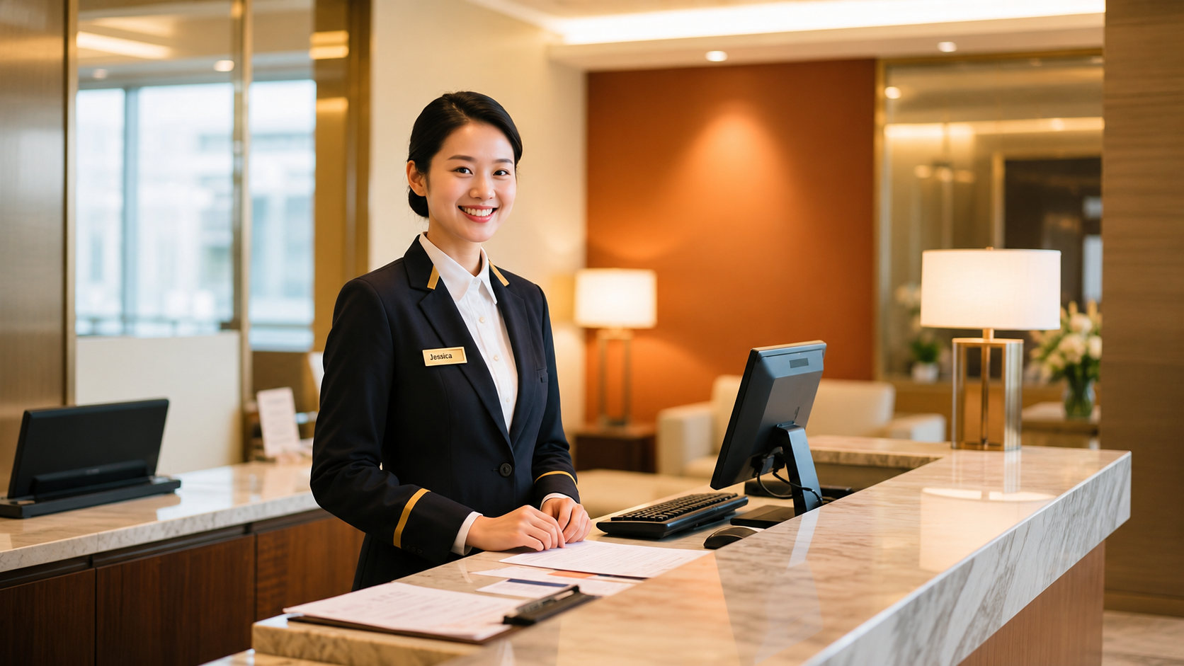 Professional hotel management student receiving front office reception training at a modern hotel management college in Delhi.