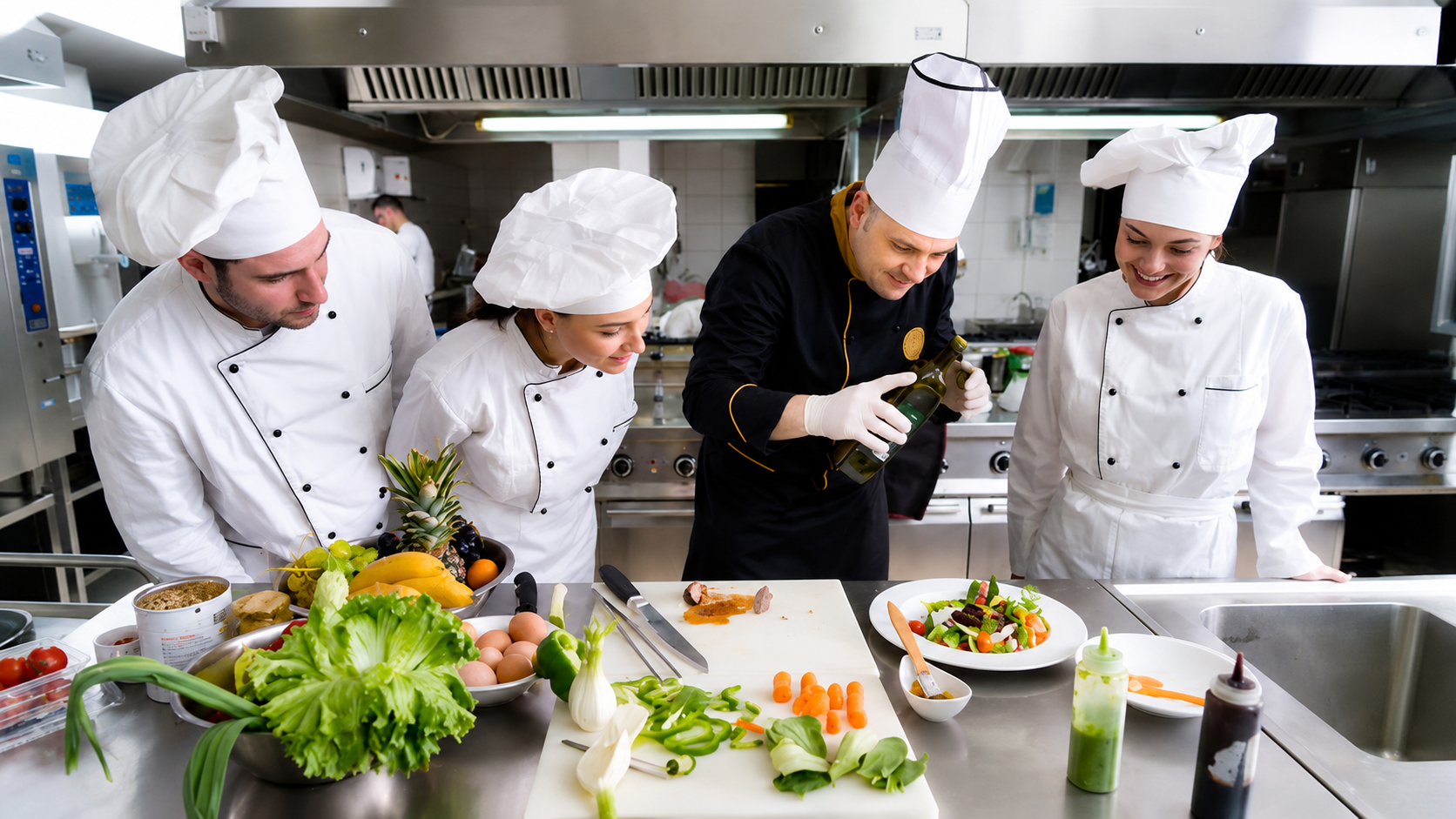 Hotel management students receiving professional culinary training in a modern commercial kitchen at a hotel management institute in Delhi.