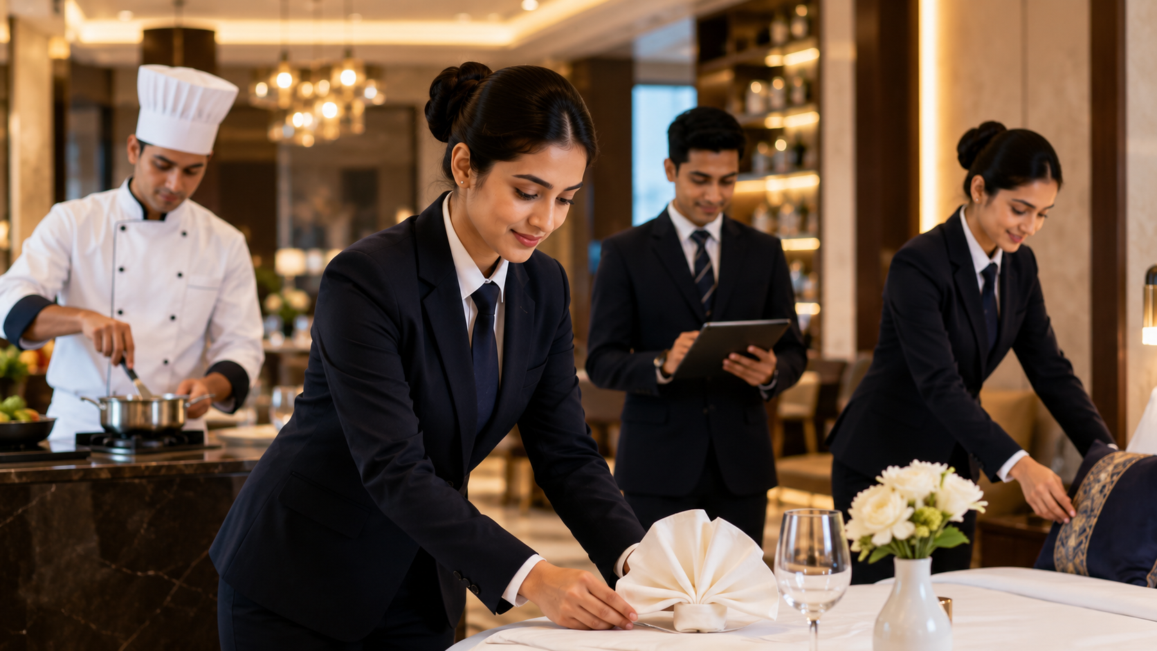 Hotel management students attending a practical hospitality training class with an instructor in a modern hotel training environment in Delhi.