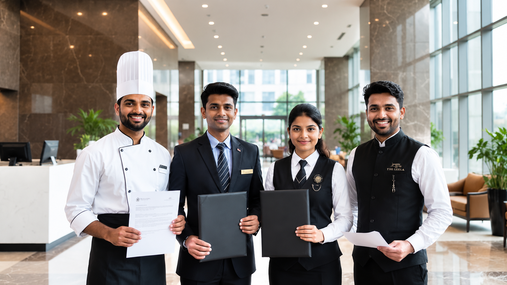 Smiling hotel management students and hospitality professionals standing together in a luxury hotel lobby holding certificates and folders.