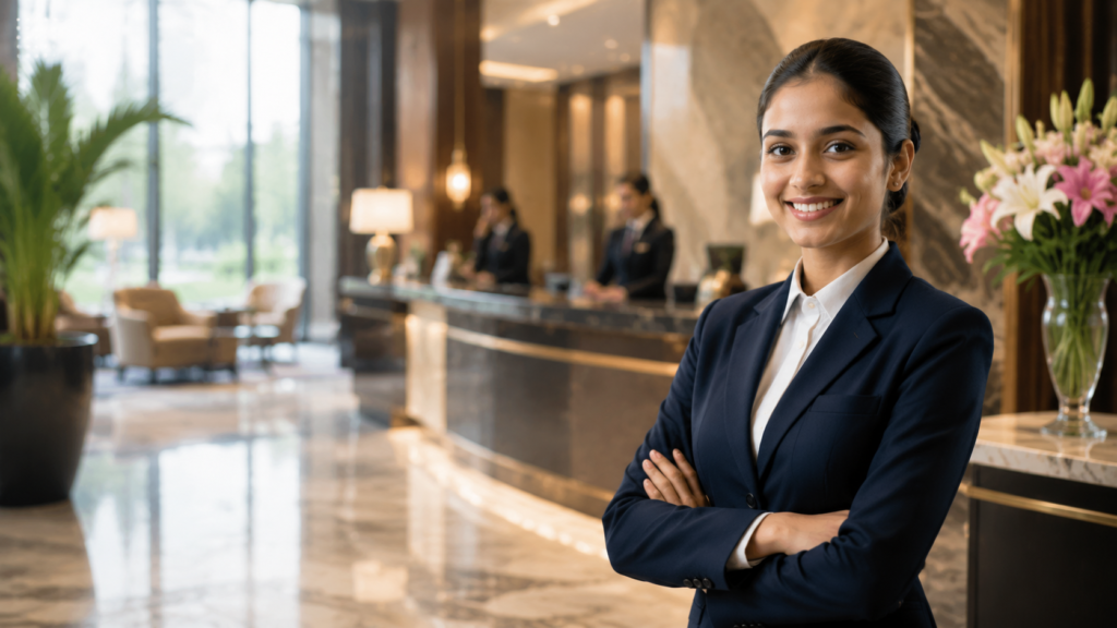Hotel Management Certification in Delhi student standing confidently in a luxury hotel lobby.