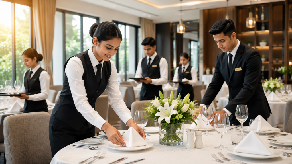 Hotel management students receiving practical banquet service training at a luxury hotel in East Delhi.
