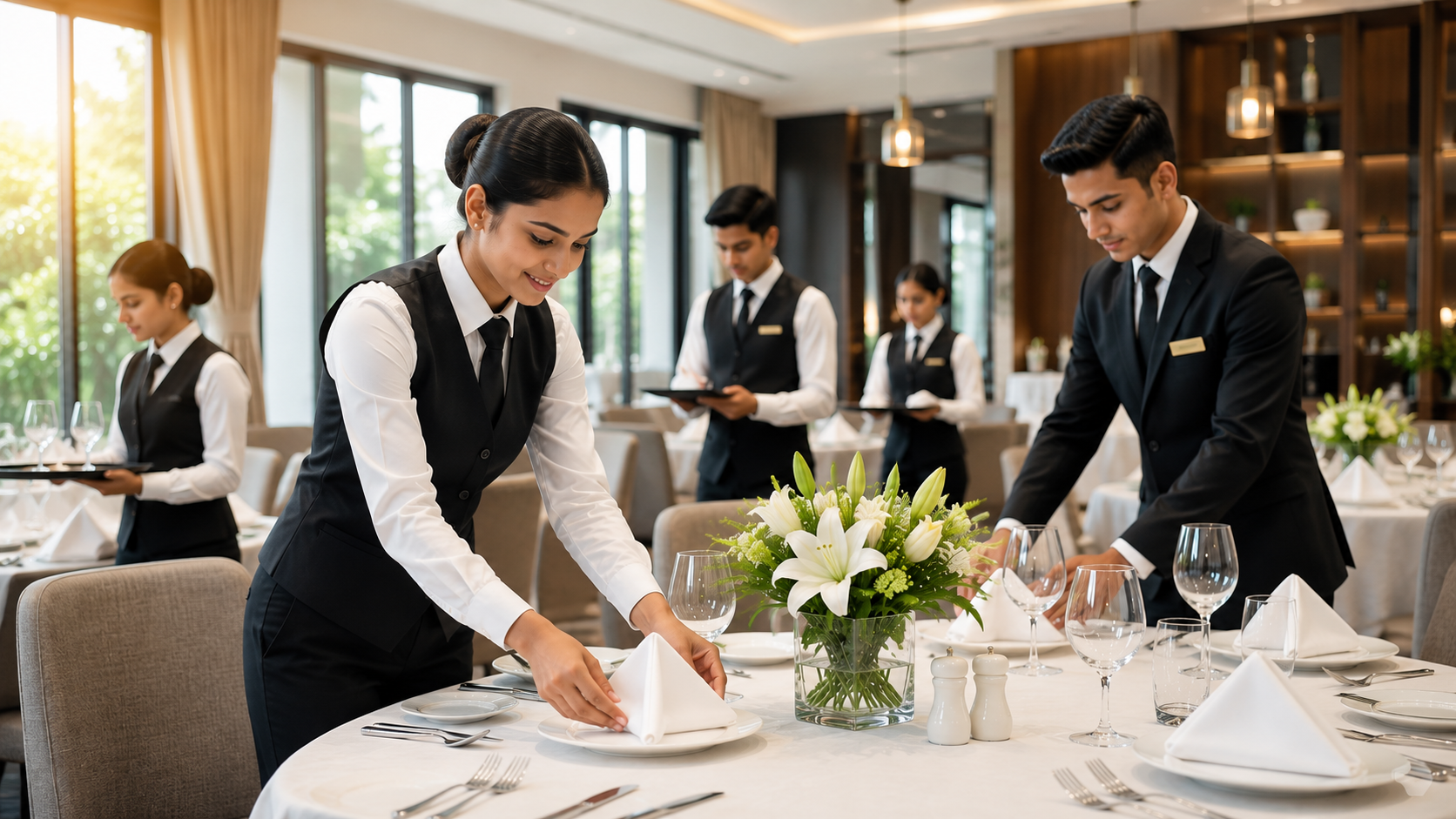 Hotel management students receiving practical banquet service training at a luxury hotel in East Delhi.