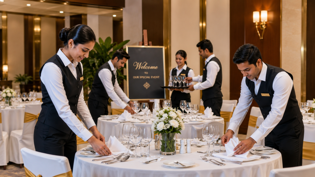 Hotel management students preparing a banquet hall for guest service at a luxury hotel in Delhi.