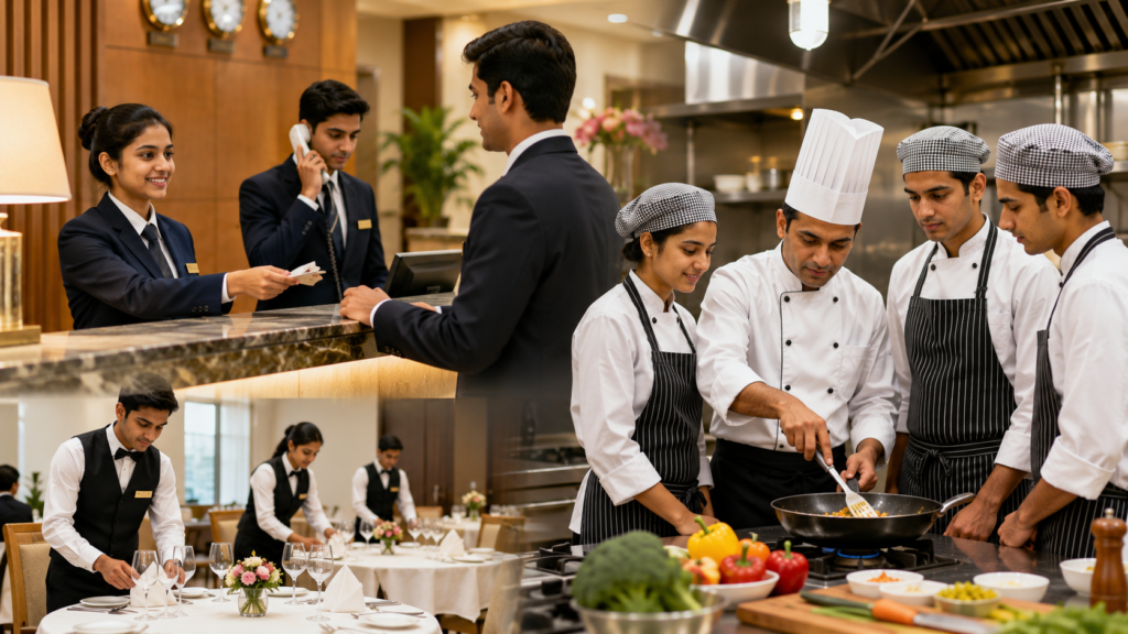Students receiving practical hospitality training during a Diploma in Hotel Management course in Delhi.