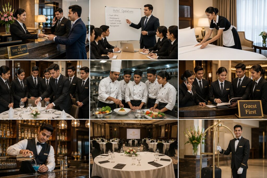 Students pursuing a hotel management course after 12th in Delhi with practical hospitality training and professional guidance.