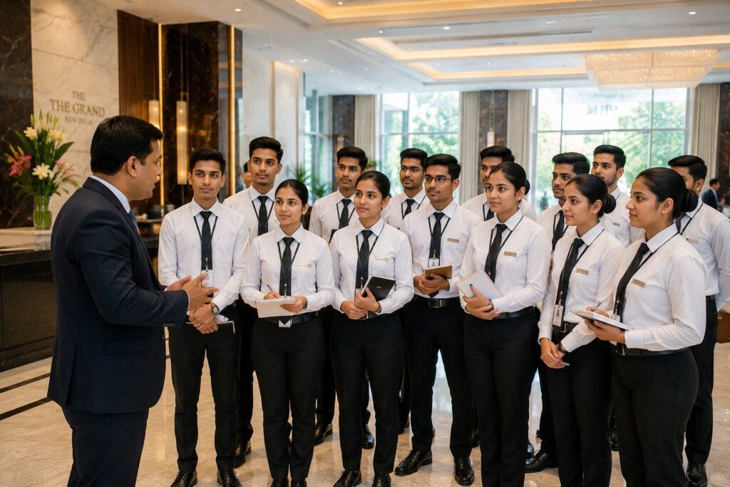 Students pursuing a diploma in hotel management in Delhi with practical hospitality training in modern labs.