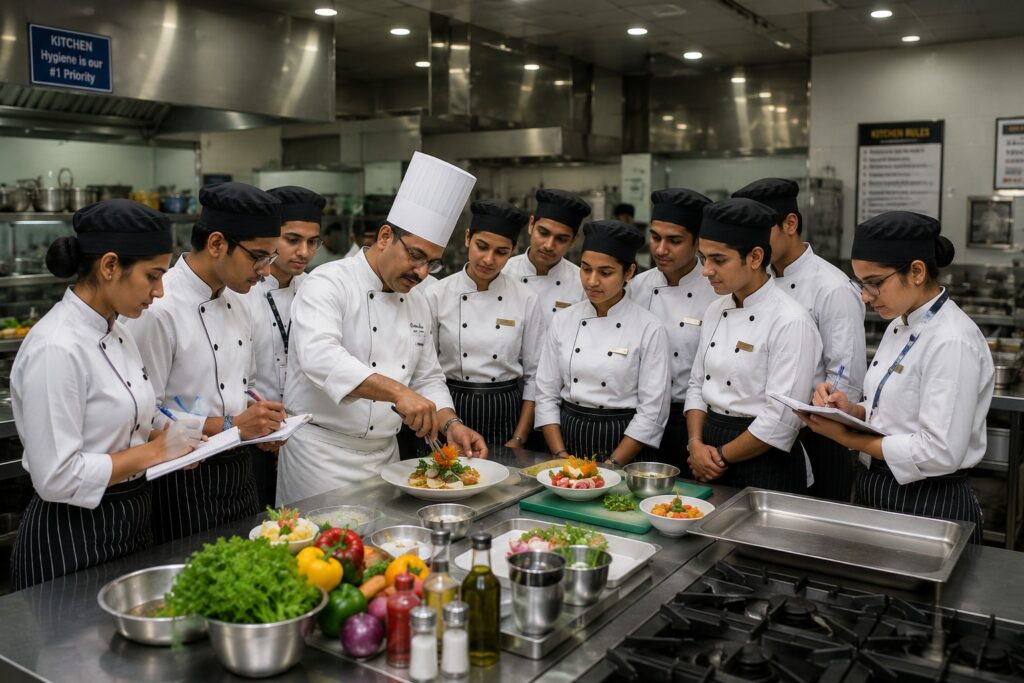 Students receiving practical hotel management training at the best hotel management institute in Delhi with placement support.