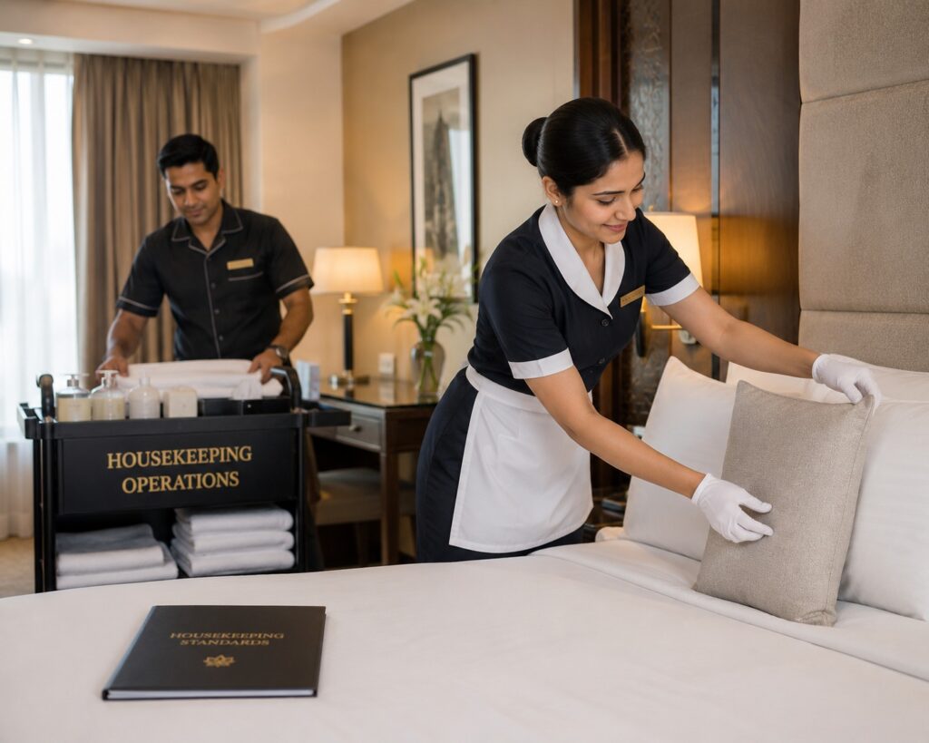 Students receiving practical hospitality training at an affordable hotel management institute in Delhi.