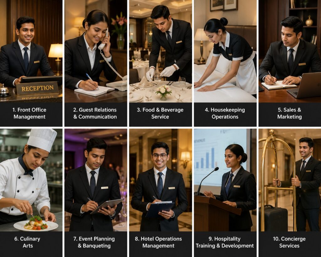 Students attending a Hospitality Management Course in Delhi with practical hospitality training.