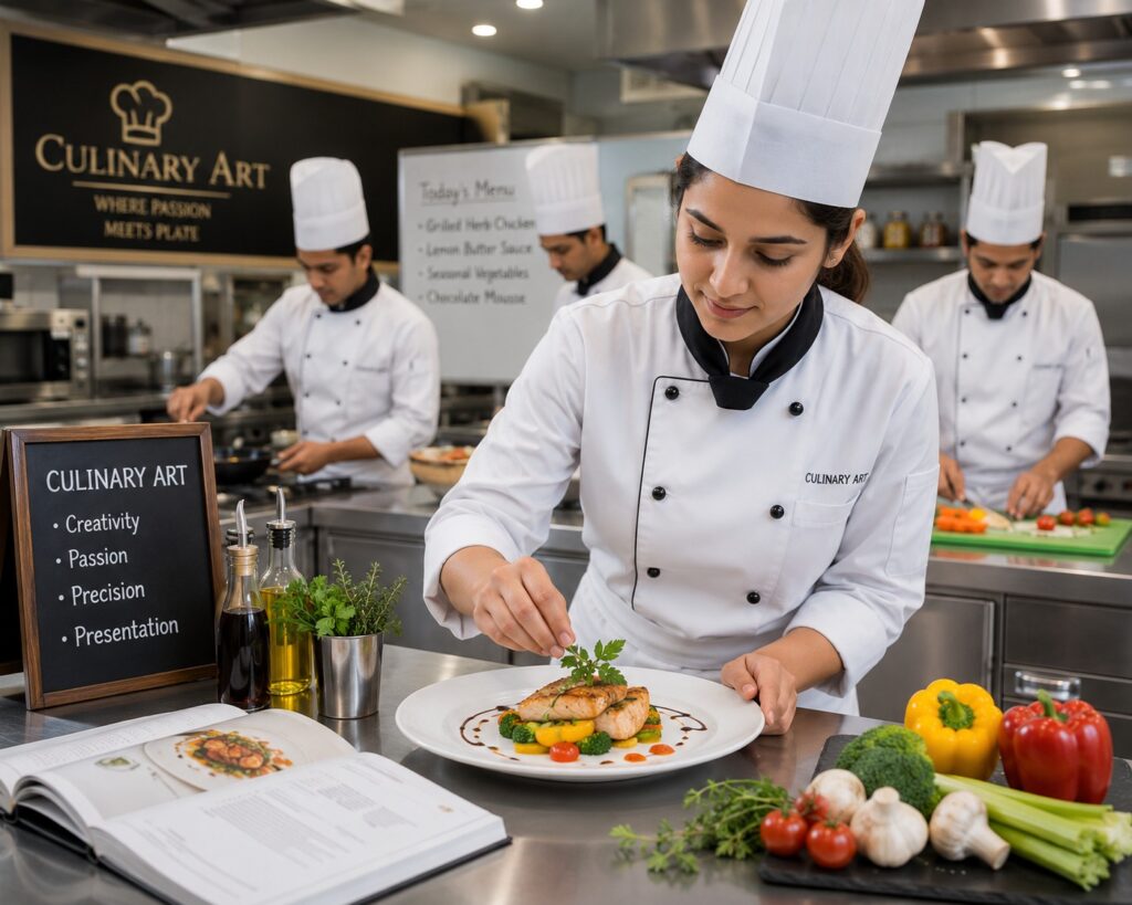 Students attending hotel management classes in Delhi with practical training in food production, front office, and hospitality operations.